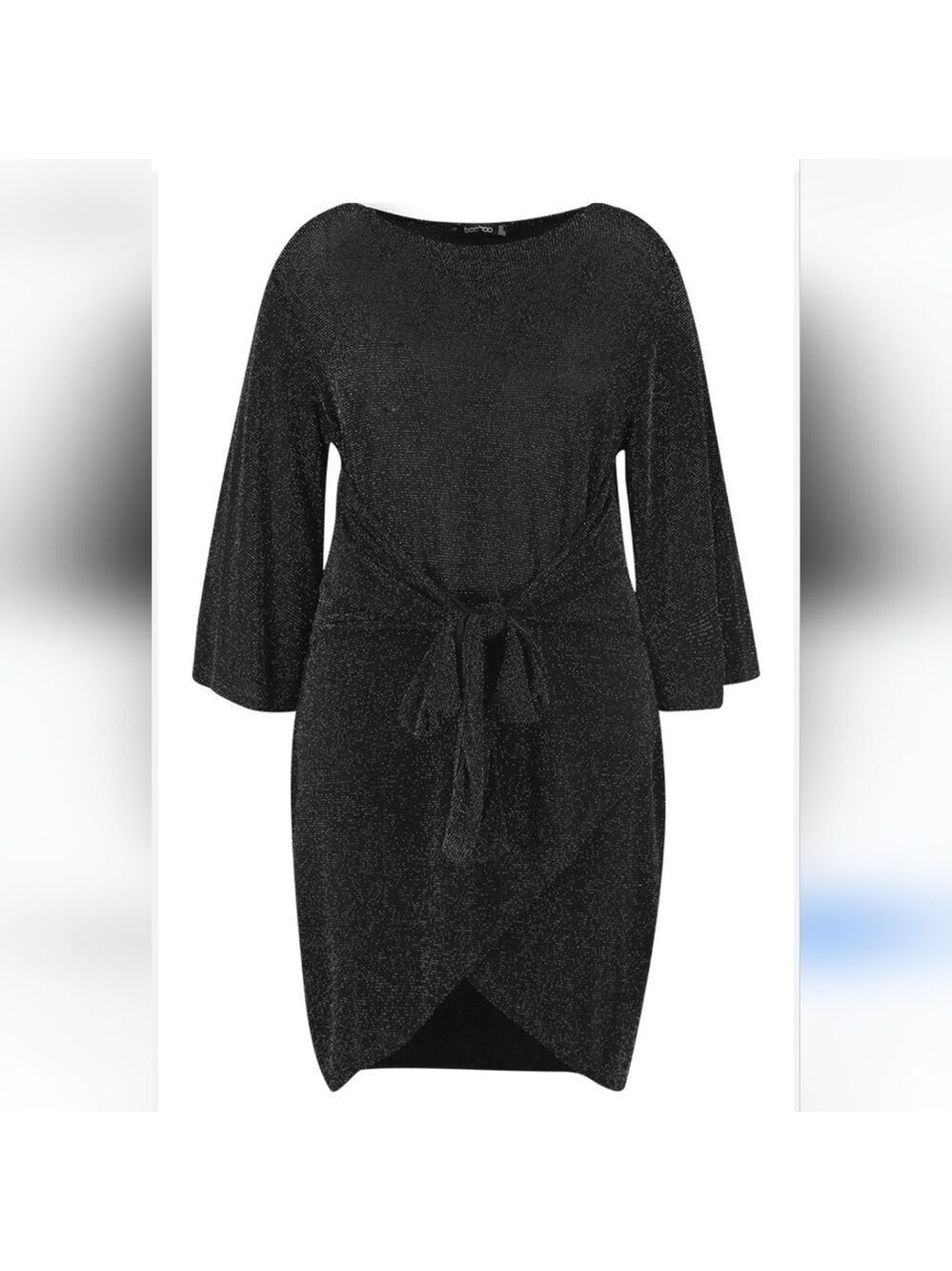 Boohoo kimono sleeve tie waist wrap golden shimmer black midi dress